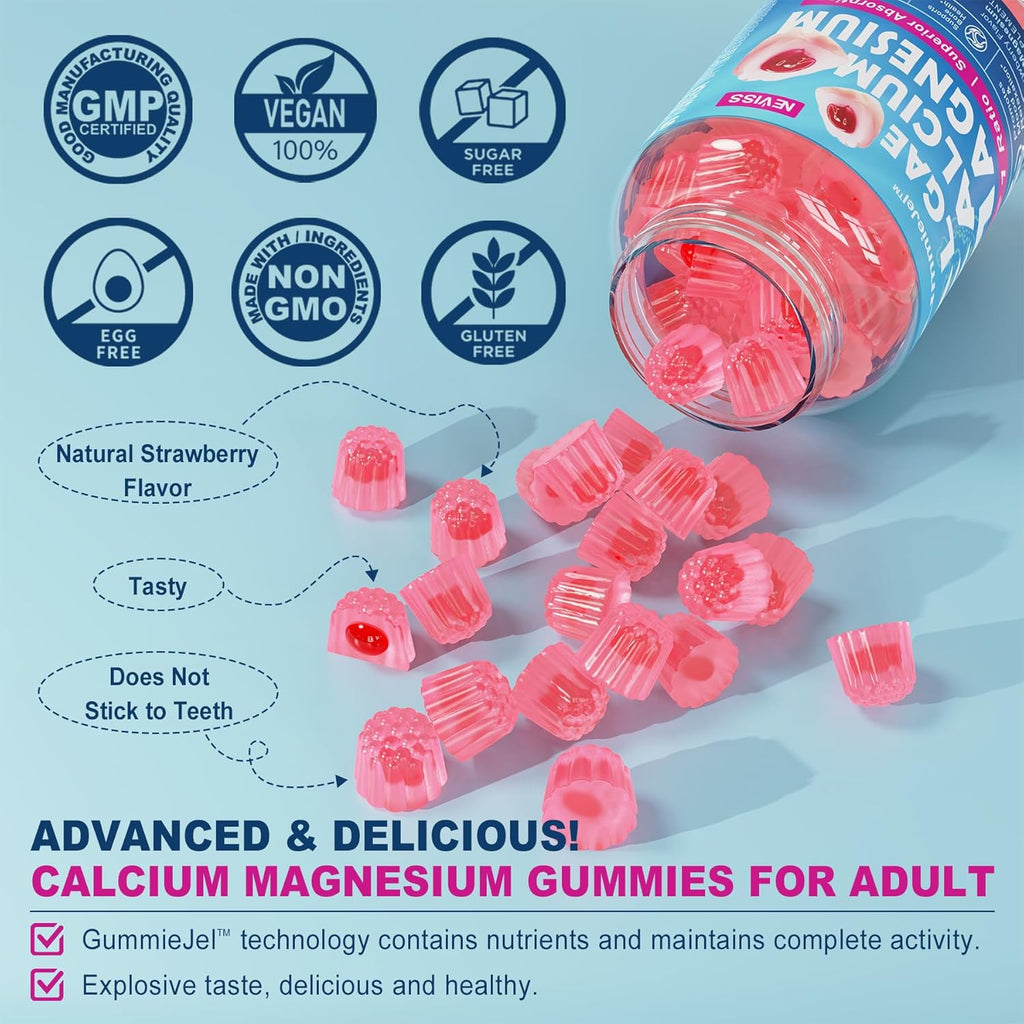 Calcium Supplement Gummy with Algae Calcium 600mg, Magnesium 300mg, Zinc, D3 & B12 Complex, 1Pack F11050