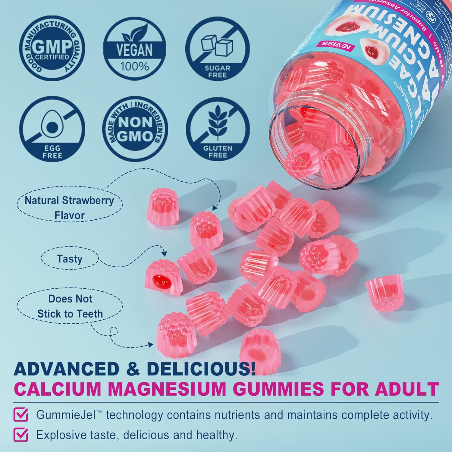 Calcium Supplement Gummy with Algae Calcium 600mg, Magnesium 300mg, Zinc, D3 & B12 Complex, 1Pack F11050