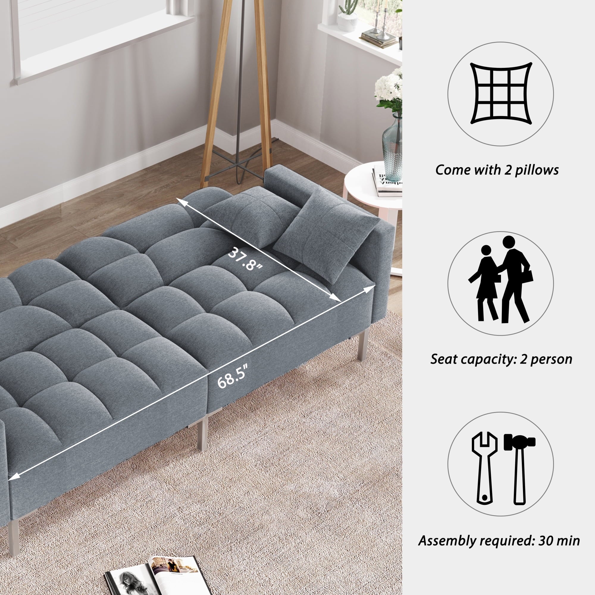 75" W Sectional Sofa Convertible Folding Futon Sofa Bed 3 Seat Couch with Linen Fabric T27027