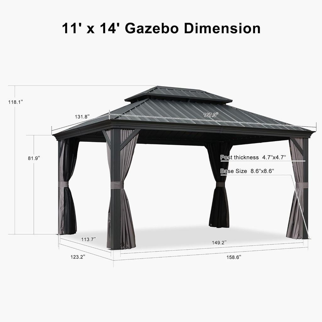 Grey 11' x 14' Hardtop Gazebo with Galvanized Steel Double Roof V105367