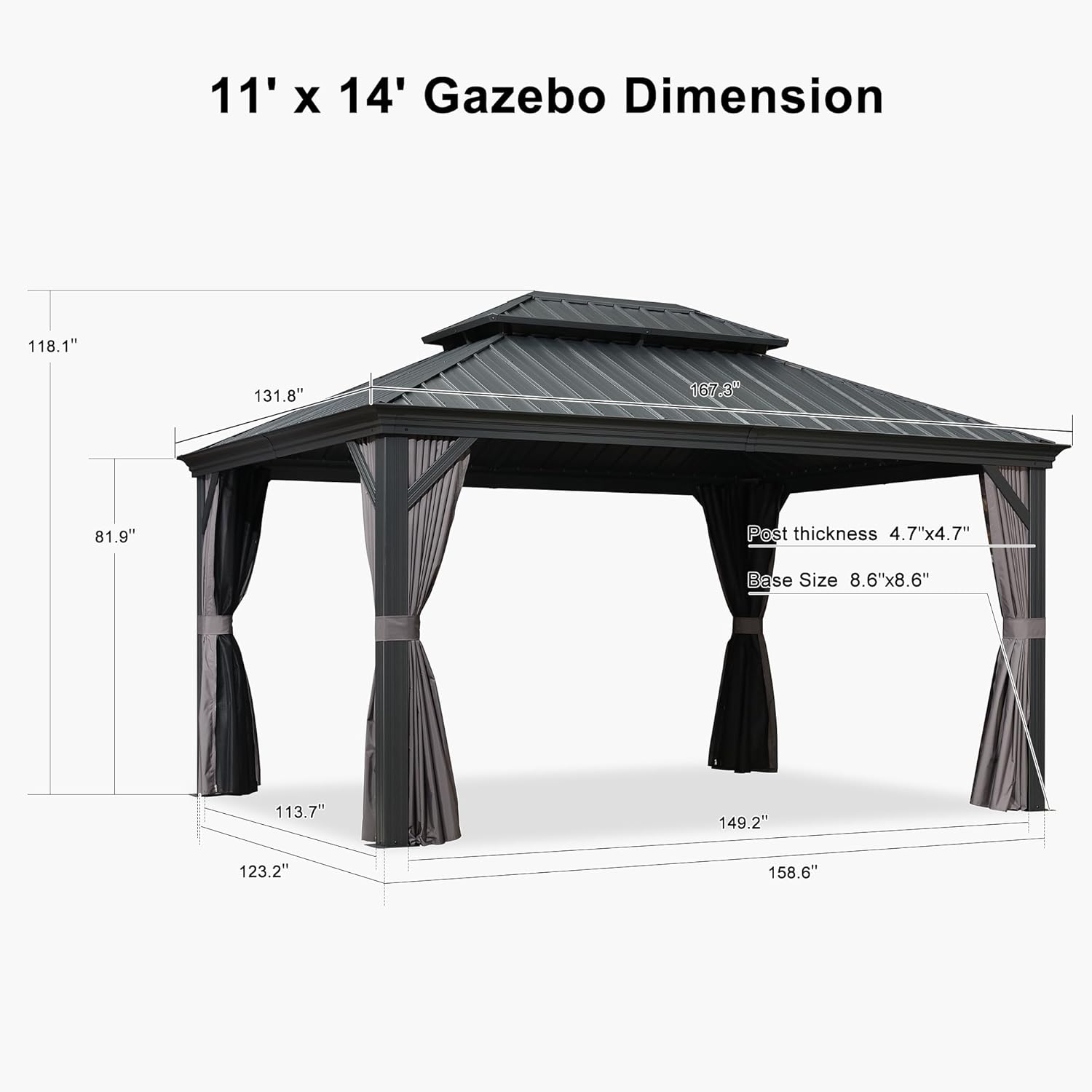 Grey 11' x 14' Hardtop Gazebo with Galvanized Steel Double Roof V105367
