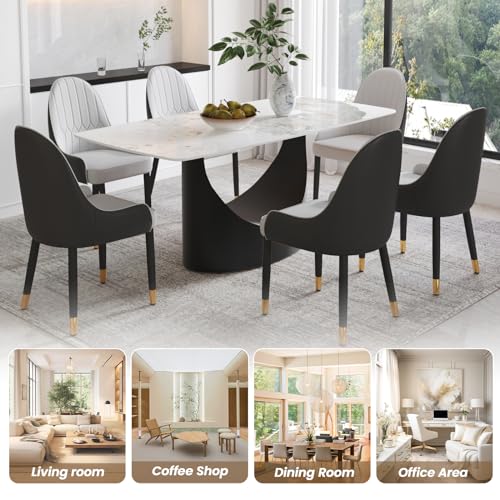 63" White Marble Sintered Stone Top Rectangle Dining Table with Black Carbon Steel Pedestal C776