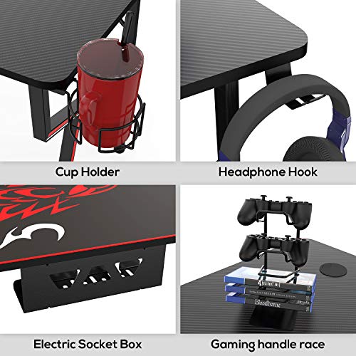 Black 47 Inch Gaming Desk with Mouse Pad Headset Hook Cup Holder Controller Stand P3167