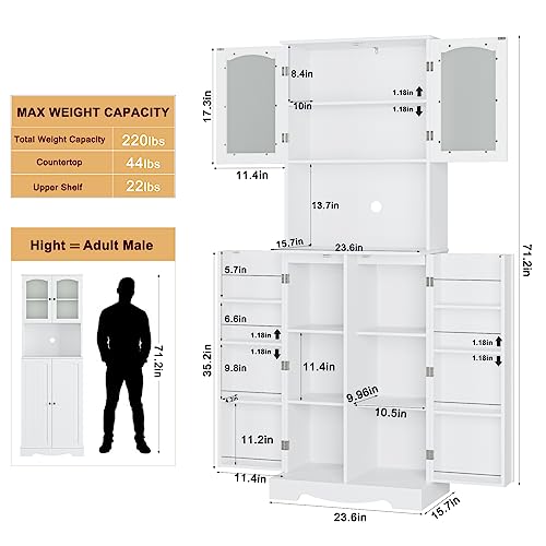 White Tall Storage Cabinet with Microwave Stand and Adjustable Shelves Q553