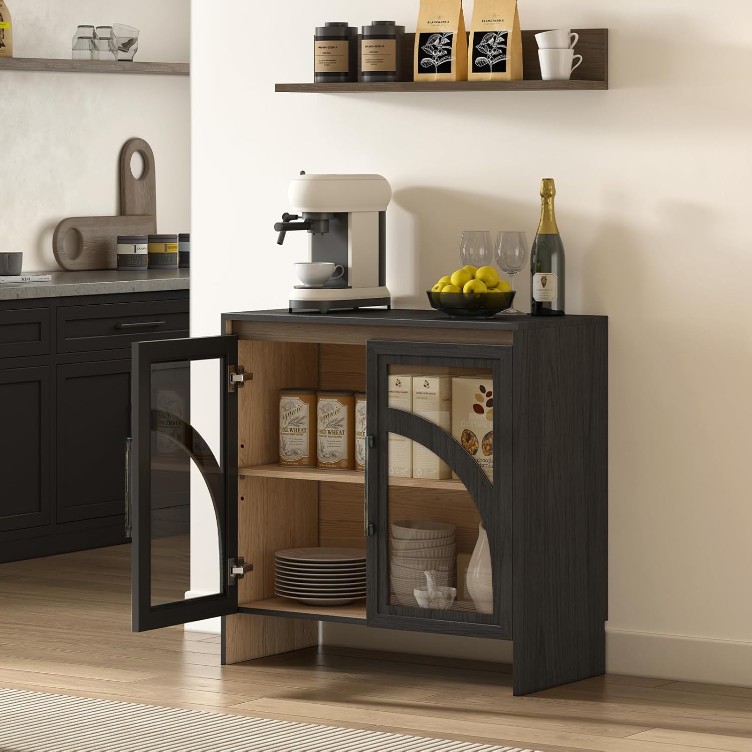 Black Arched Accent Cabinet with Glass Door and Adjustable Shelf K17041