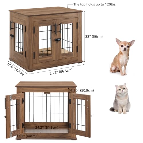 Double Doors Wooden Wire Dog Crate with Pet Bed Y73705