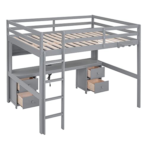 Gray Full Size Wooden Loft Bed with Desk and Storage, 4 Drawers & 4 Shelves R647919