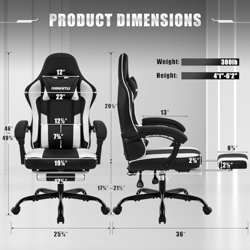 Black/White Ergonomic Leather Gaming Chair with Footrest O485