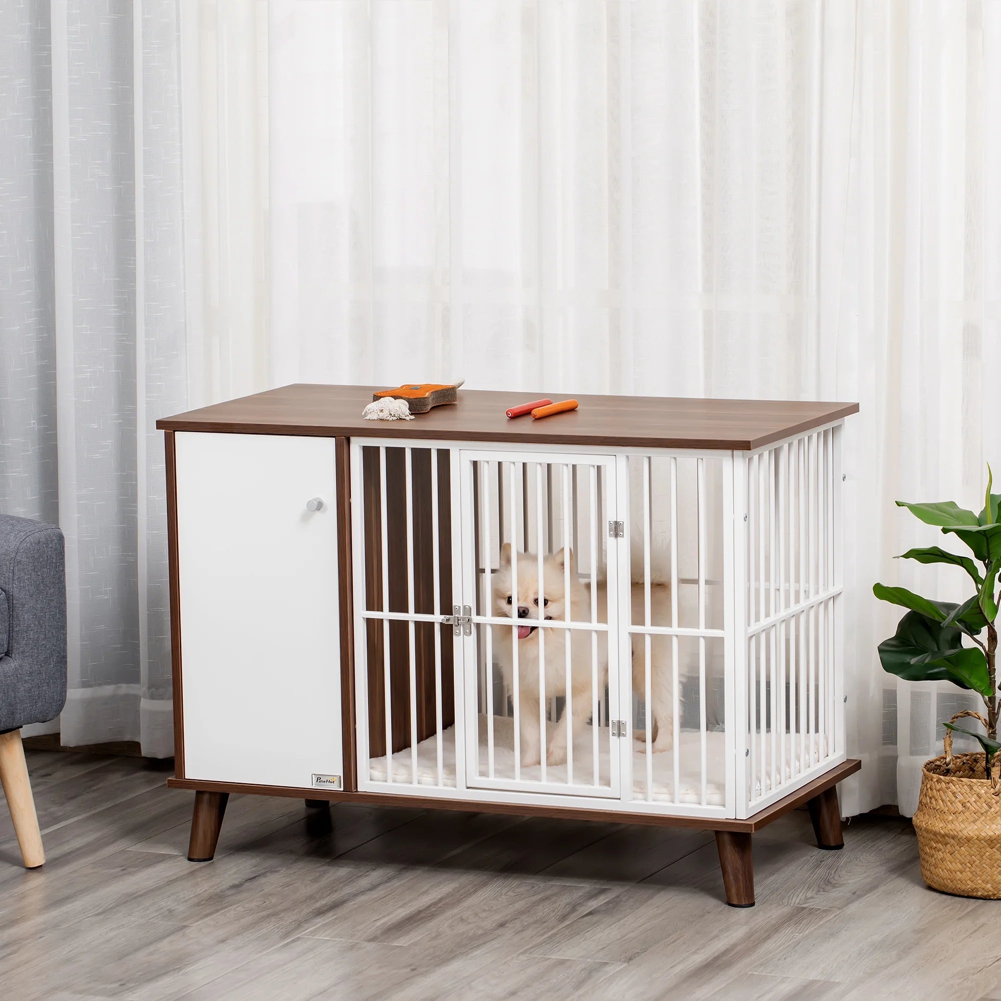 Brown Wooden Dog Kennel with Cushion and Magnetic Doors R980725