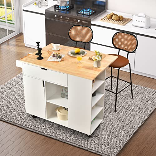 Black Rolling Kitchen Island with Drop Leaf and Storage S150