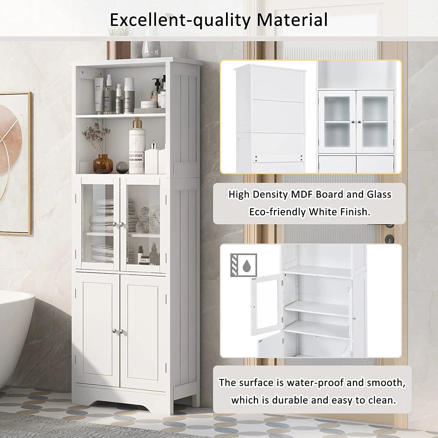 White Storage Cabinet with Glass Doors and Adjustable Shelves Q75575