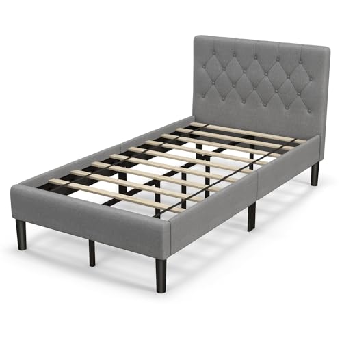 Grey Twin Upholstered Platform Bed with Button Tufted Headboard V38859