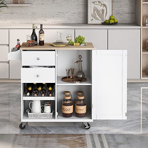 Kitchen Island Cart on Wheels with Storage, Rubberwood Top E22926