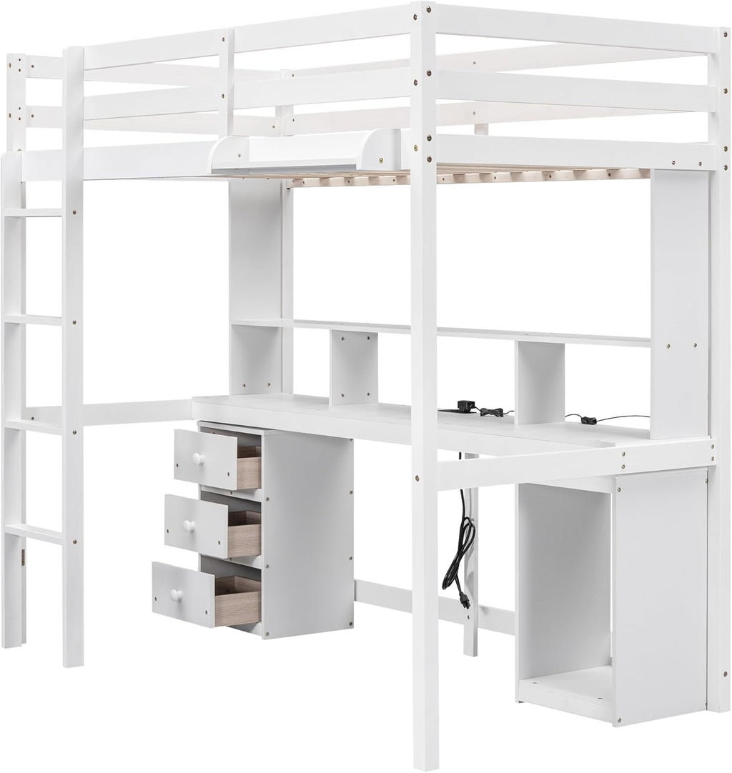 White Full Size Loft Bed with Multi-Storage Desk, LED Light, Bedside Tray, Charging Station, and 3 Drawers X664540
