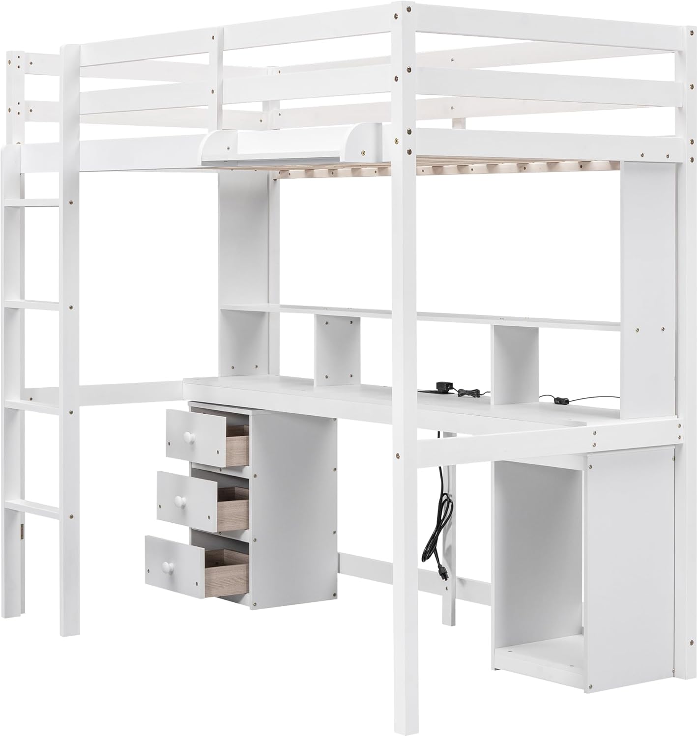 White Full Size Loft Bed with Multi-Storage Desk, LED Light, Bedside Tray, Charging Station, and 3 Drawers X664540