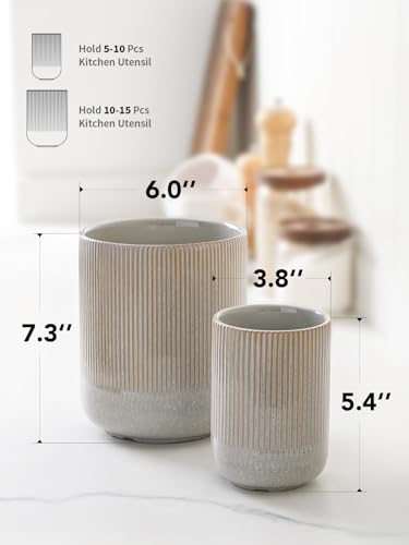 Set of 2 Ceramic Kitchen Utensil Holder, Glaze Marble Gray Y155