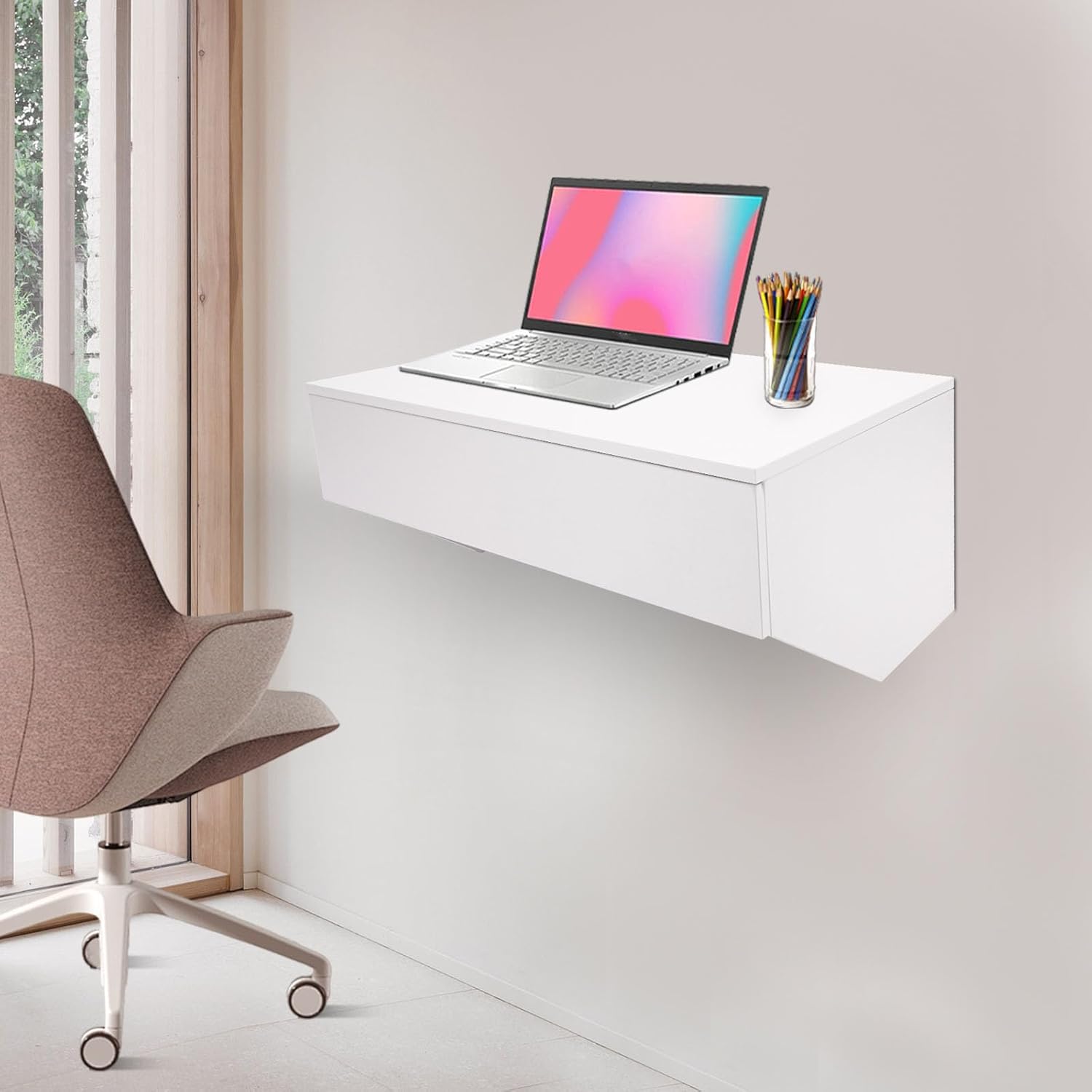 White 28.4x19.2x13in Wall Mounted Desk with Pull Out Drawer N167142