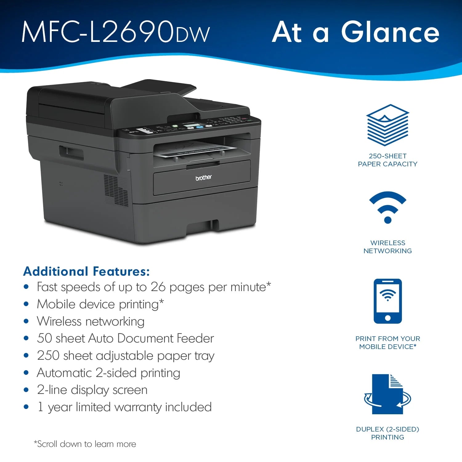 Monochrome Laser All-in-One Printer with Duplex Printing and Wireless Connectivity B108