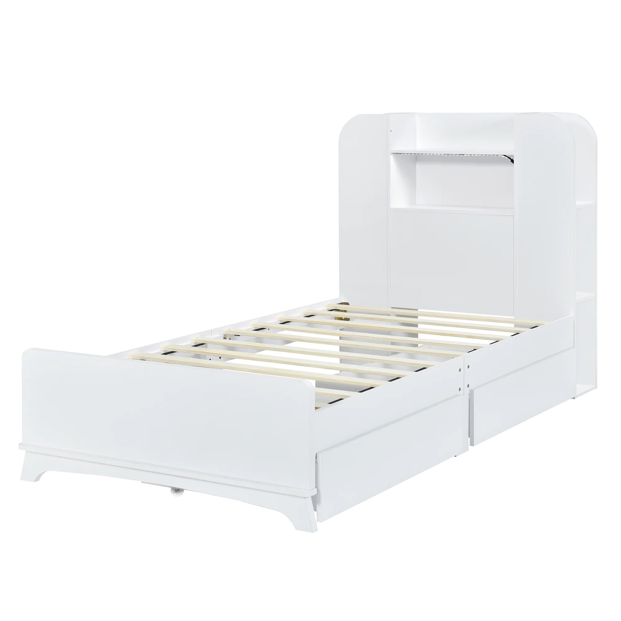 White Wood Twin Size Platform Bed with Storage Headboard and 2 Drawers B9876