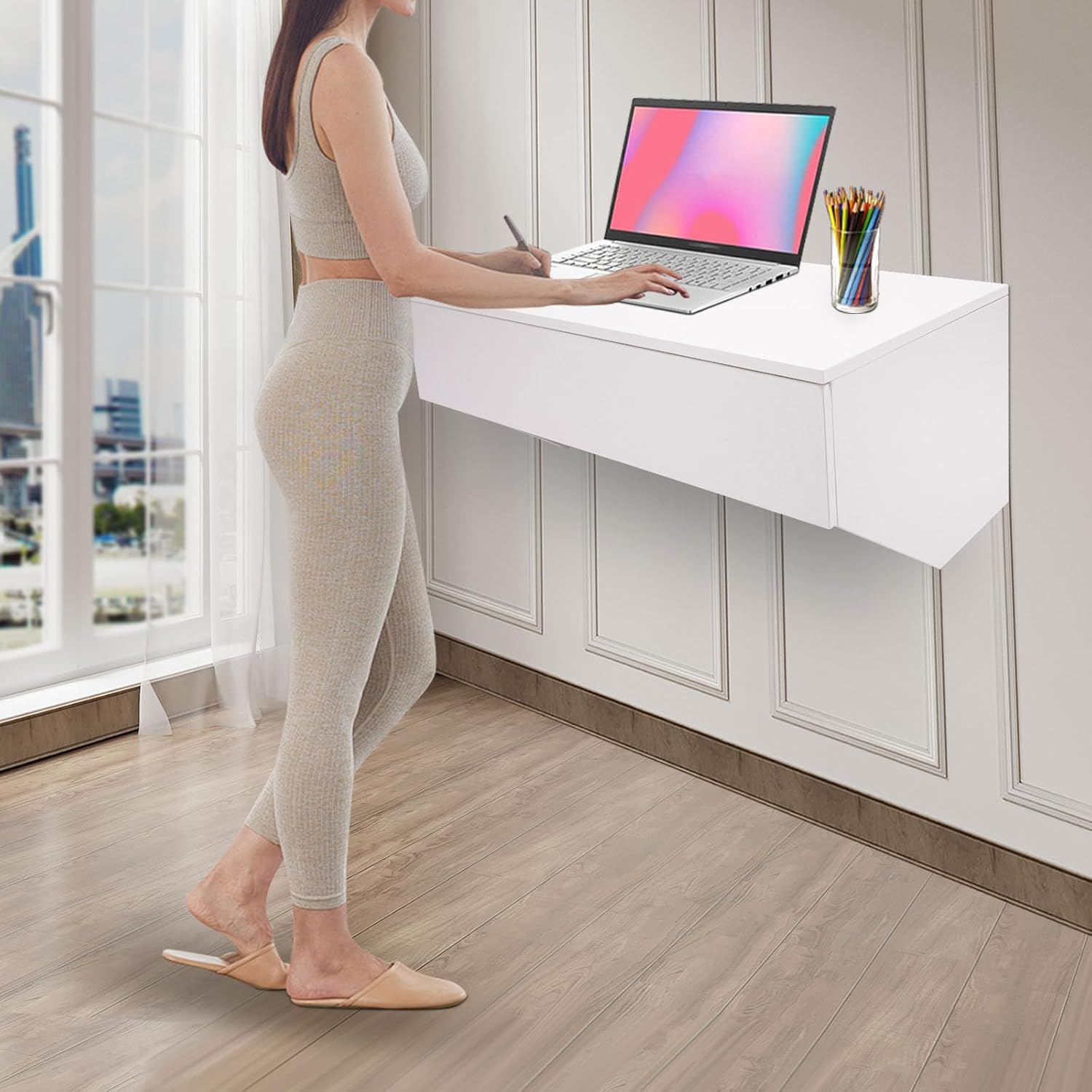 White 28.4x19.2x13in Wall Mounted Desk with Pull Out Drawer N167142