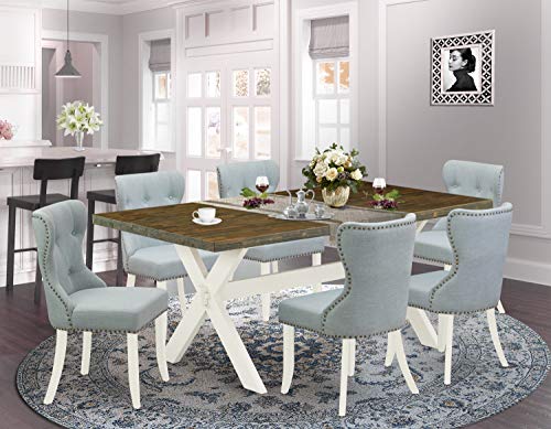 9 Piece Rectangle Dining Table Set with 8 Baby Blue Linen Fabric Chairs O510150