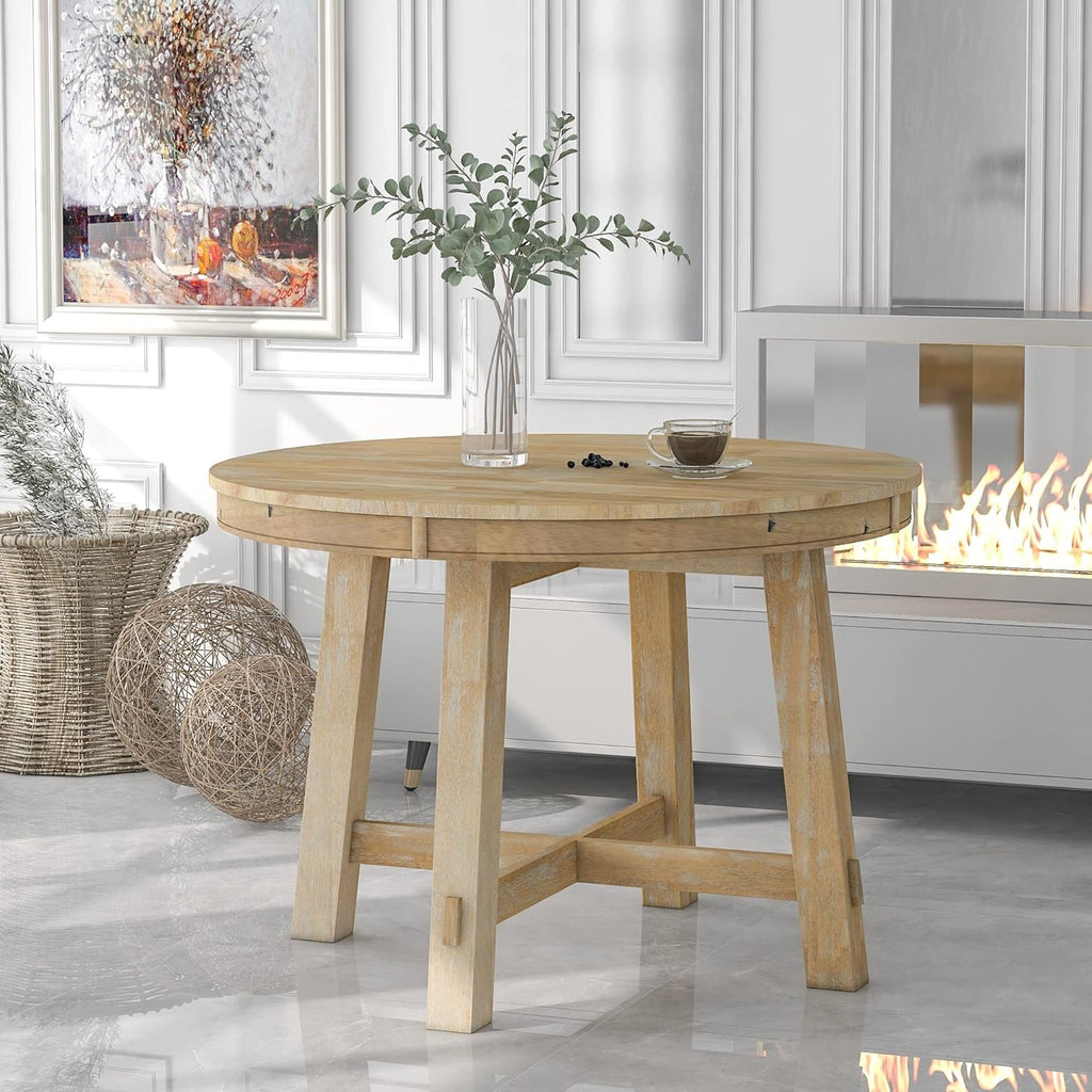 Natural Wood Wash Round Extendable Dining Table with Leaf X264