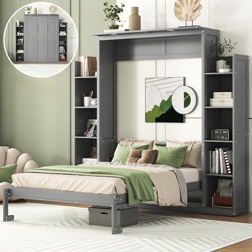 Queen Size Wood Murphy Bed with Shelves and LED Lights, Grey L70062