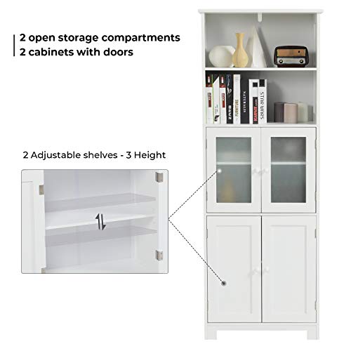 White Tall Bathroom Storage Cabinet with 2 Open Compartments and 2 Cabinets with Doors A5573