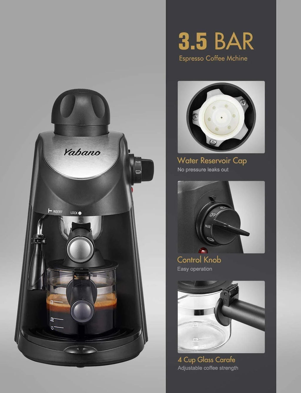 Black 3.5 Bar 4 Cup Espresso Cappuccino Maker with Milk Frother W5548