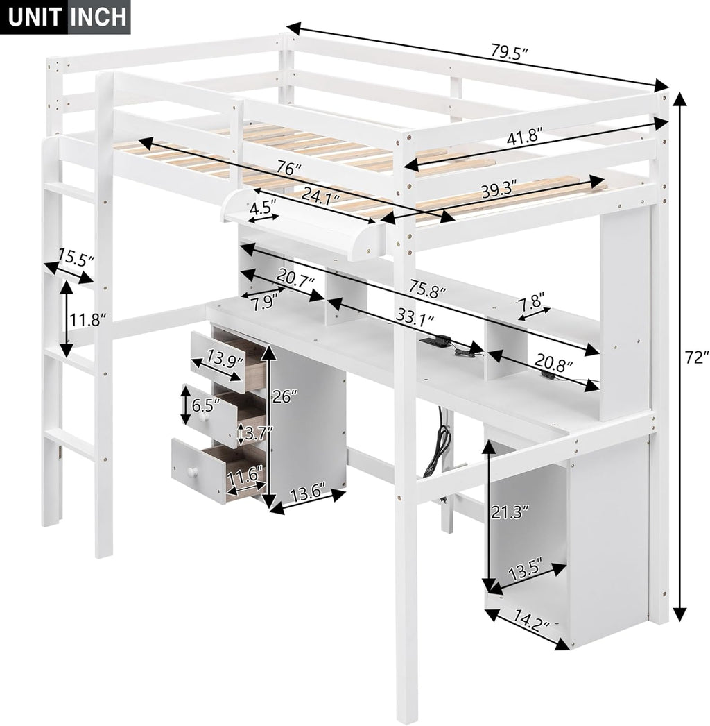 White Full Size Loft Bed with Multi-Storage Desk, LED Light, Bedside Tray, Charging Station, and 3 Drawers X664540