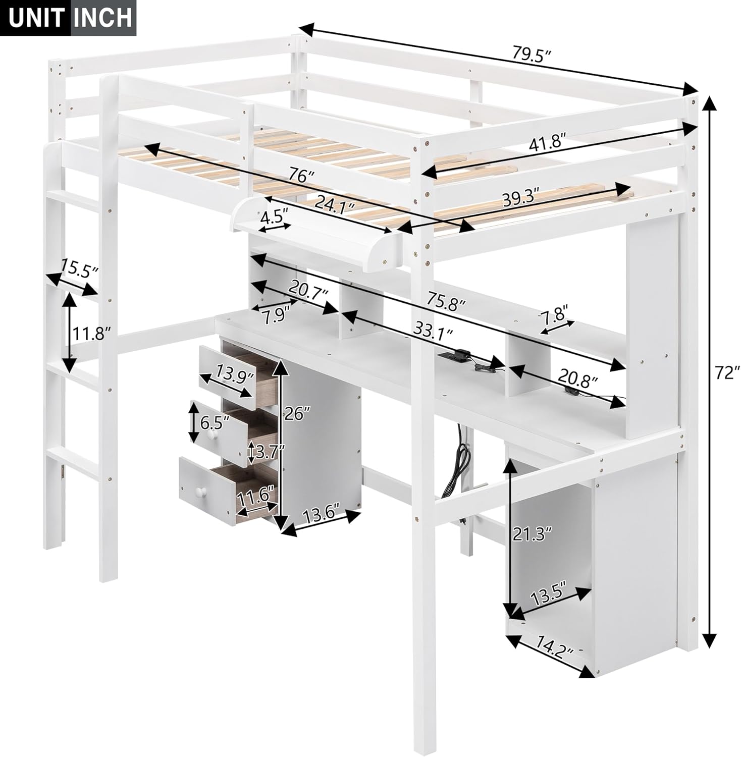 White Full Size Loft Bed with Multi-Storage Desk, LED Light, Bedside Tray, Charging Station, and 3 Drawers X664540