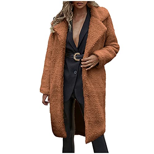 Womens Fuzzy Fleece Lapel Long Cardigan Faux Fur Warm Open Front Jackets Soft Sherpa Teddy Coat T386074