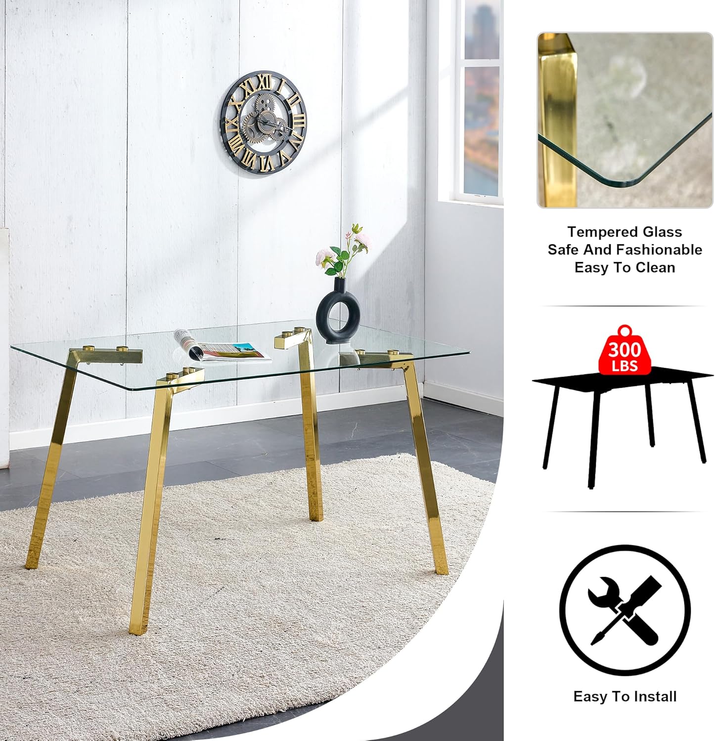 7 PCS Clear Glass Dining Table Set with Beige Woven Chairs R783