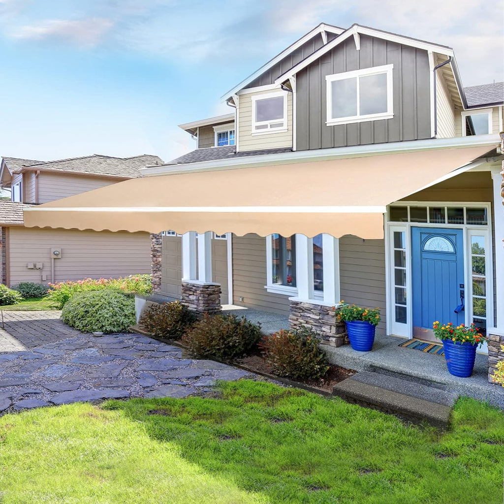 Beige Retractable Patio Awning with Manual Crank Handle O71820