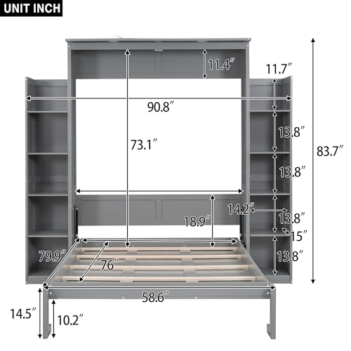 Queen Size Wood Murphy Bed with Shelves and LED Lights, Grey L70062
