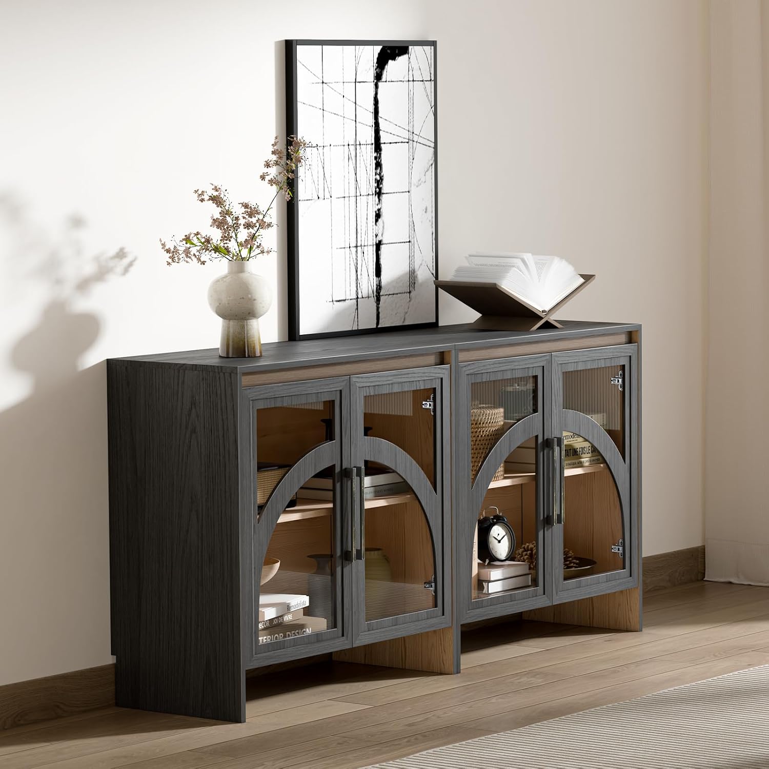 Black Arched Accent Cabinet with Glass Door and Adjustable Shelf K17041