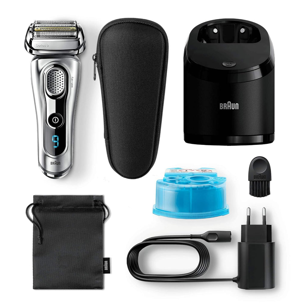 Silver Electric Shaver, Wet and Dry, Rechargeable Cordless Razor with Clean & Charge Station and Travel Case J2895