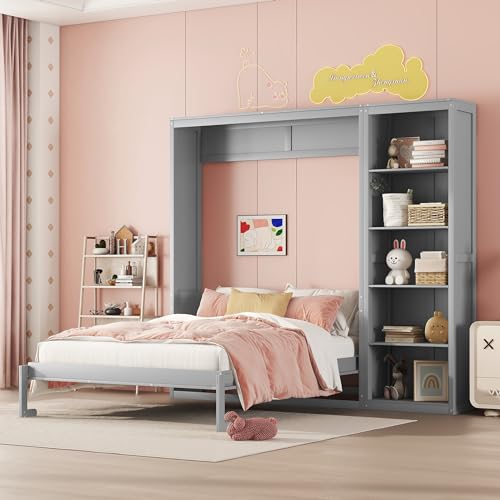 White Full Size Murphy Bed with Storage Shelves P221271
