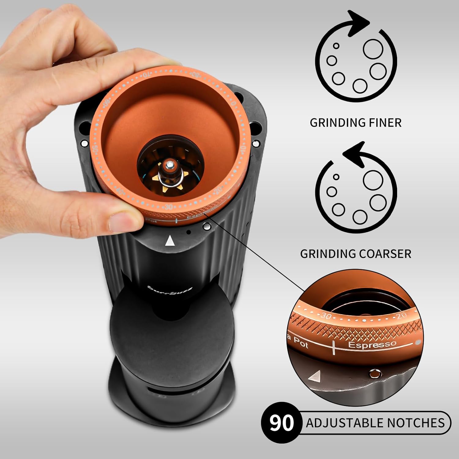 Stainless-steel Burr Coffee Grinder, 65g Single Dose, 90 Adjustable Settings F4159