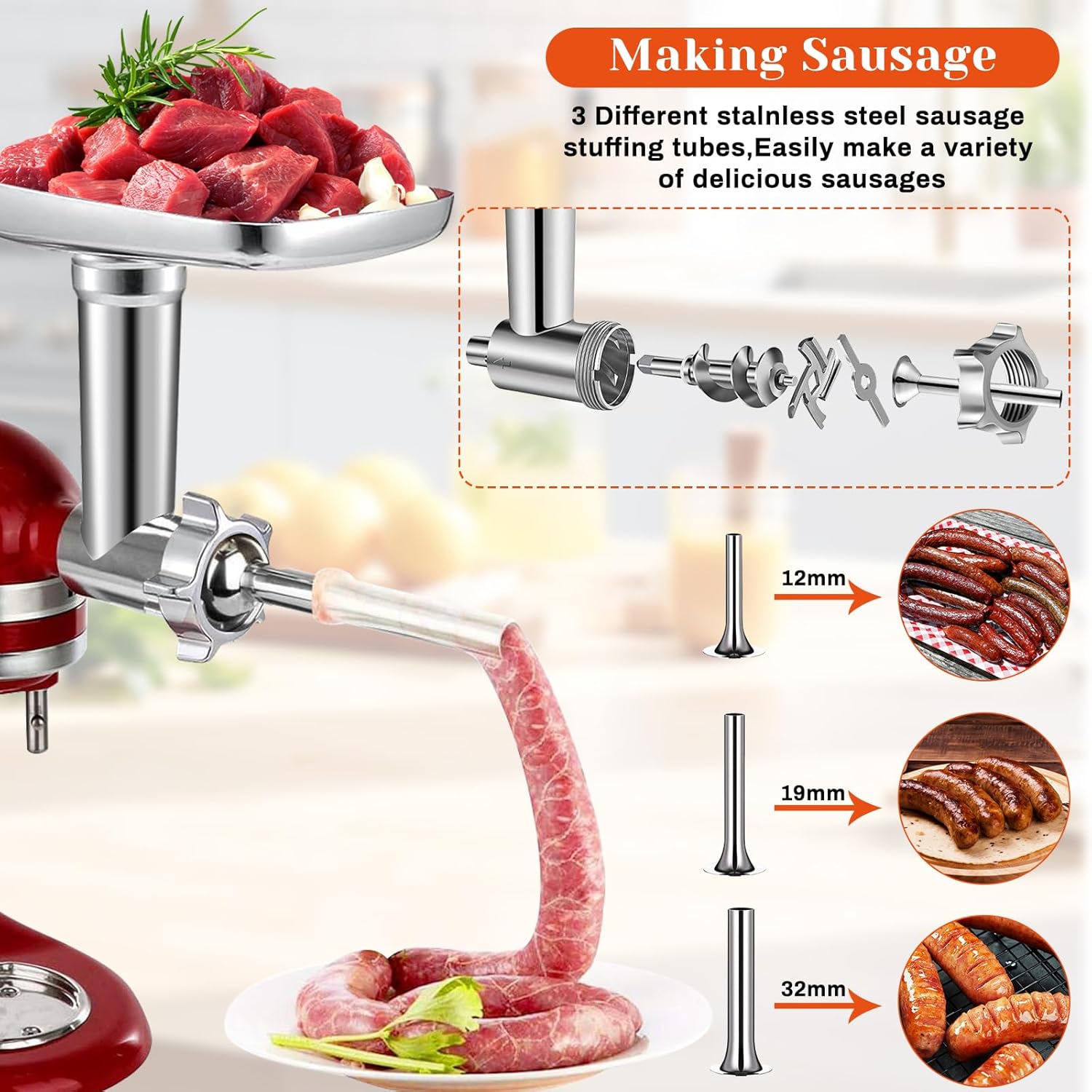 Meat Grinder Attachment for Kitchenaid Stand Mixer with 4 Grinding Plates, Cheese Grater Attachment with 3 Metal Sausage Stuffer Tubes, Salad Maker, Burger Press & 3 Blades E734847