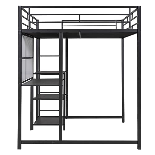 Black Full Size Metal Loft Bed Frame with Desk and Whiteboard W649536