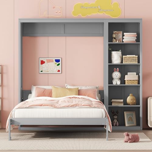 White Full Size Murphy Bed with Storage Shelves P221271