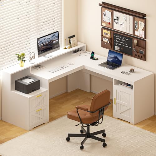 63" L Shaped Executive Desk with Drawers & Storage Shelf, Antique White M148071