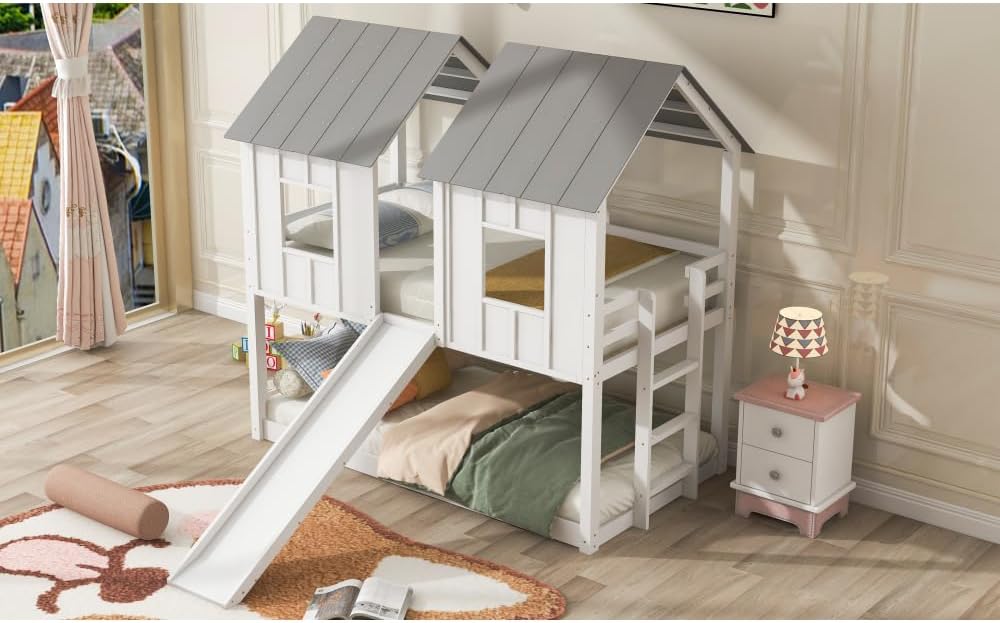 White Twin Over Twin Bunk Bed with Slide and Windows P644843