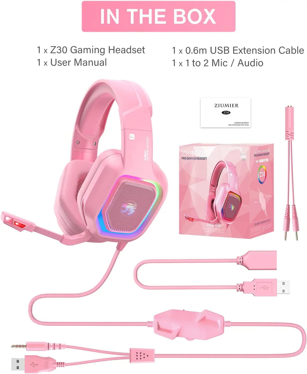 Pink Wired Over-Ear Gaming Headset with Noise Canceling Microphone V229395