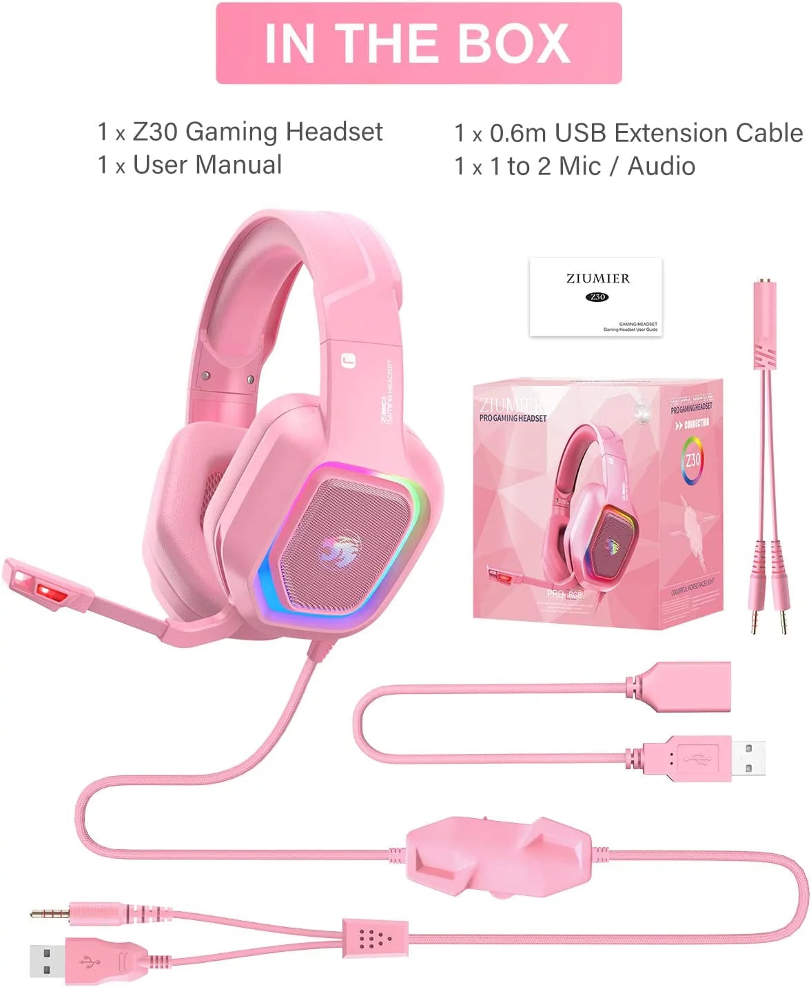 Pink Wired Over-Ear Gaming Headset with Noise Canceling Microphone V229395