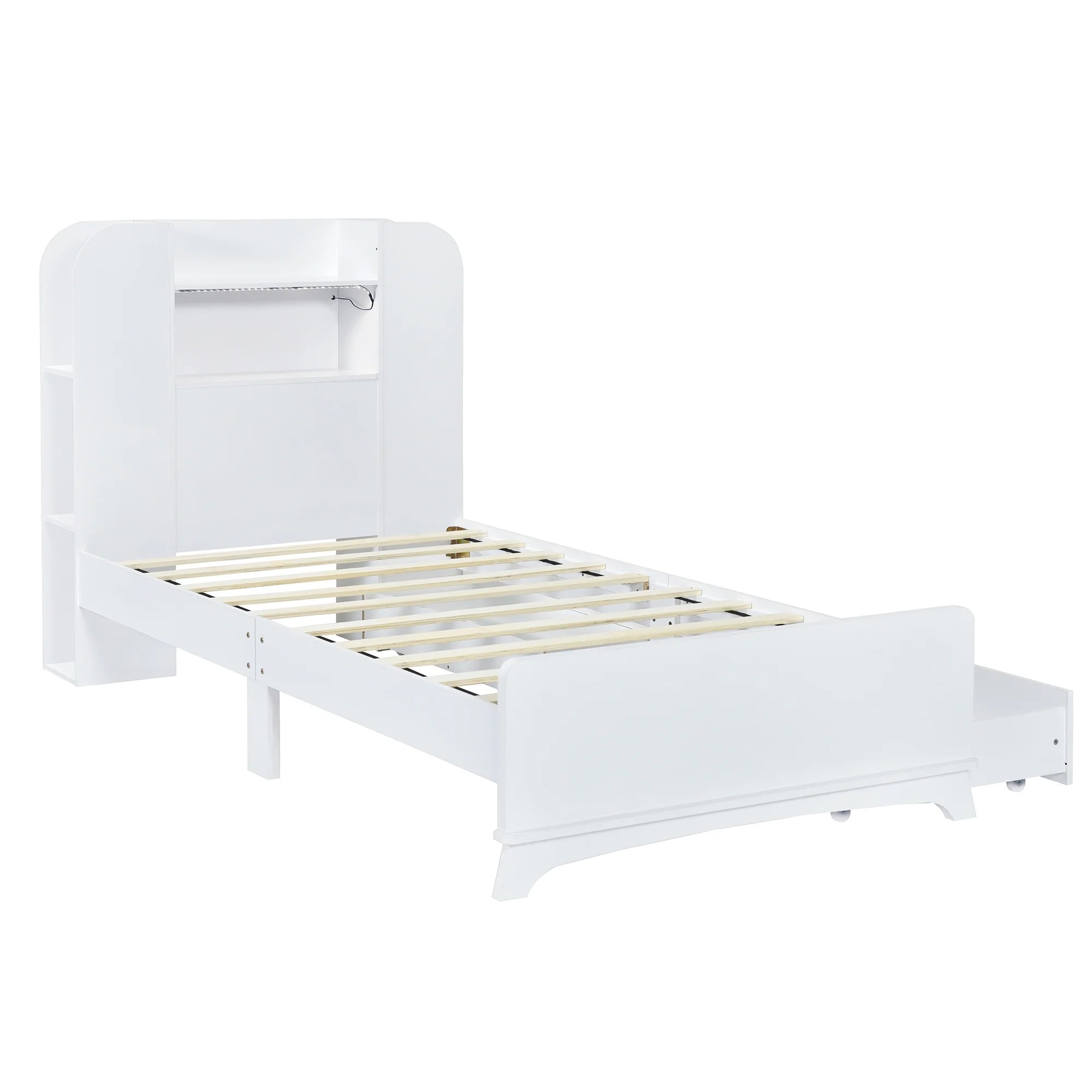 White Wood Twin Size Platform Bed with Storage Headboard and 2 Drawers B9876