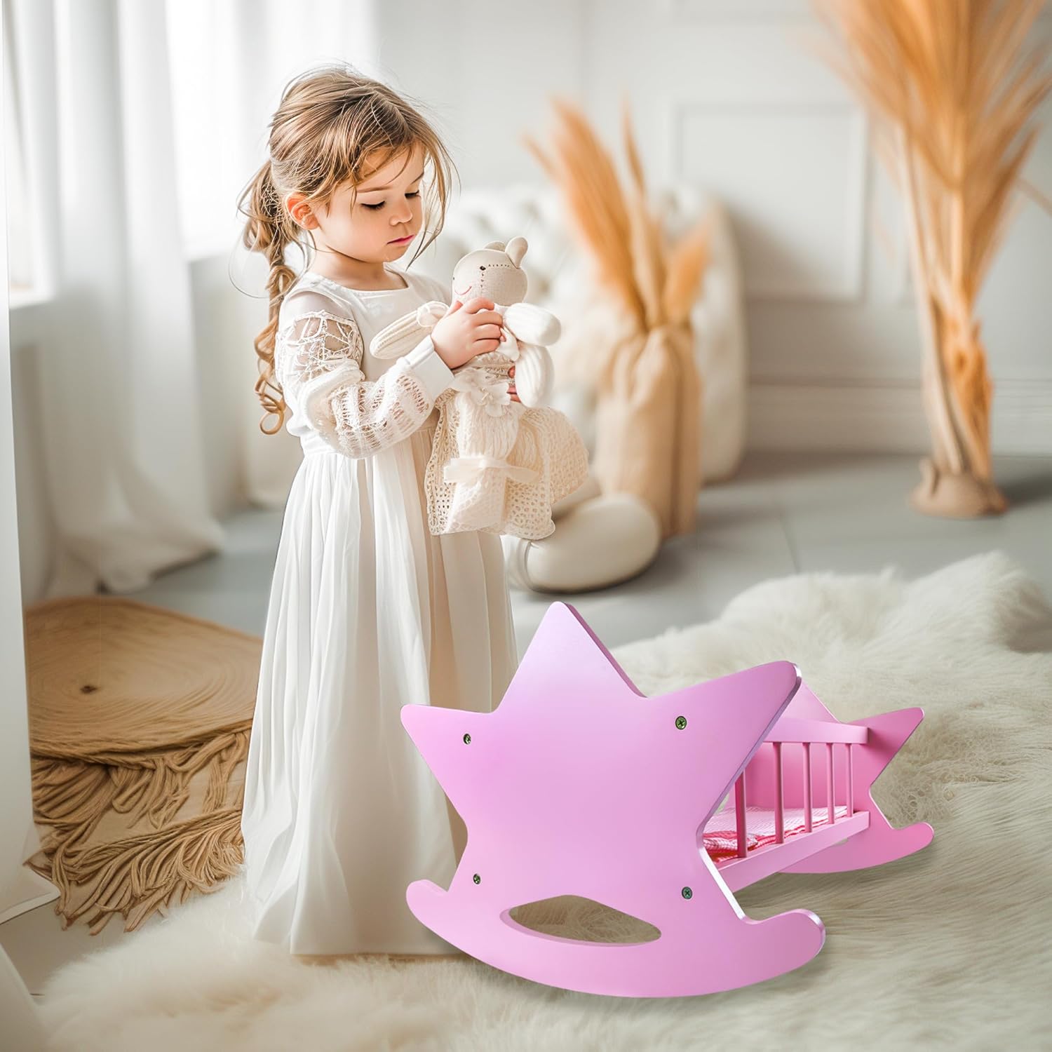 Pink Wooden Baby Doll Crib with Bedding K762014