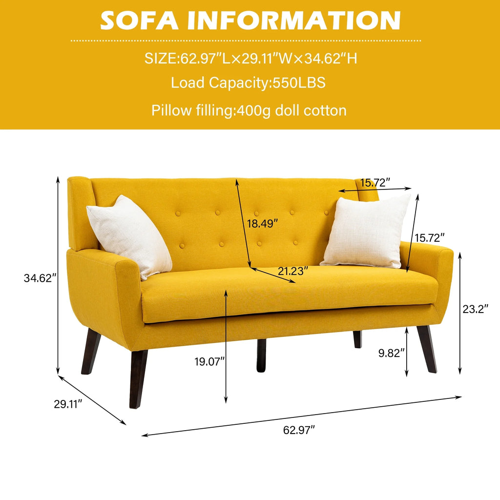 Yellow Tufted Linen Cotton Loveseat with 2 Accent Chairs Y5262