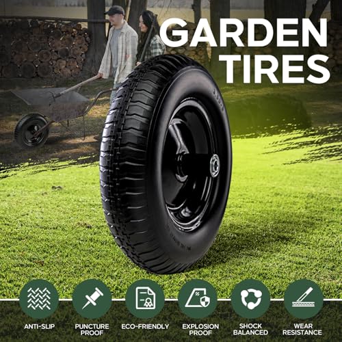 14 Inch 2 PCS Solid Flat Free Replacement Tires and Wheels 3.50-8 with 5/8'' Bearing D2407